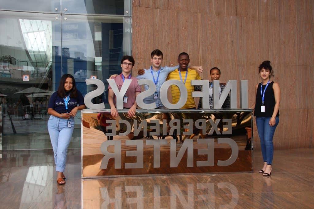 Imane Bounana ’20, Winrose Mollel ’21, Edson Zandamela ’20, Matthew Solomon ’22, Aiden Dumas ’20, and Wendy Salto ’22 at Infosys in Bangalore, India.