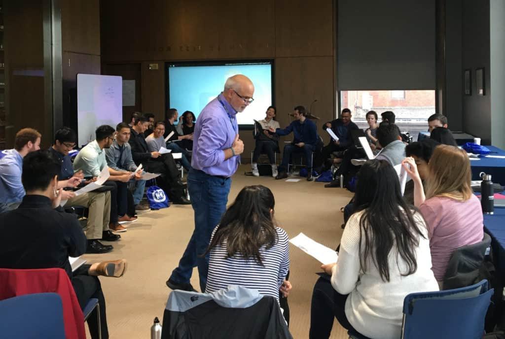 Members of an Infosys Business Analysis for Digital Transformation Program cohort take part in a training session in Trinity’s Raether Library and Information Technology Center.